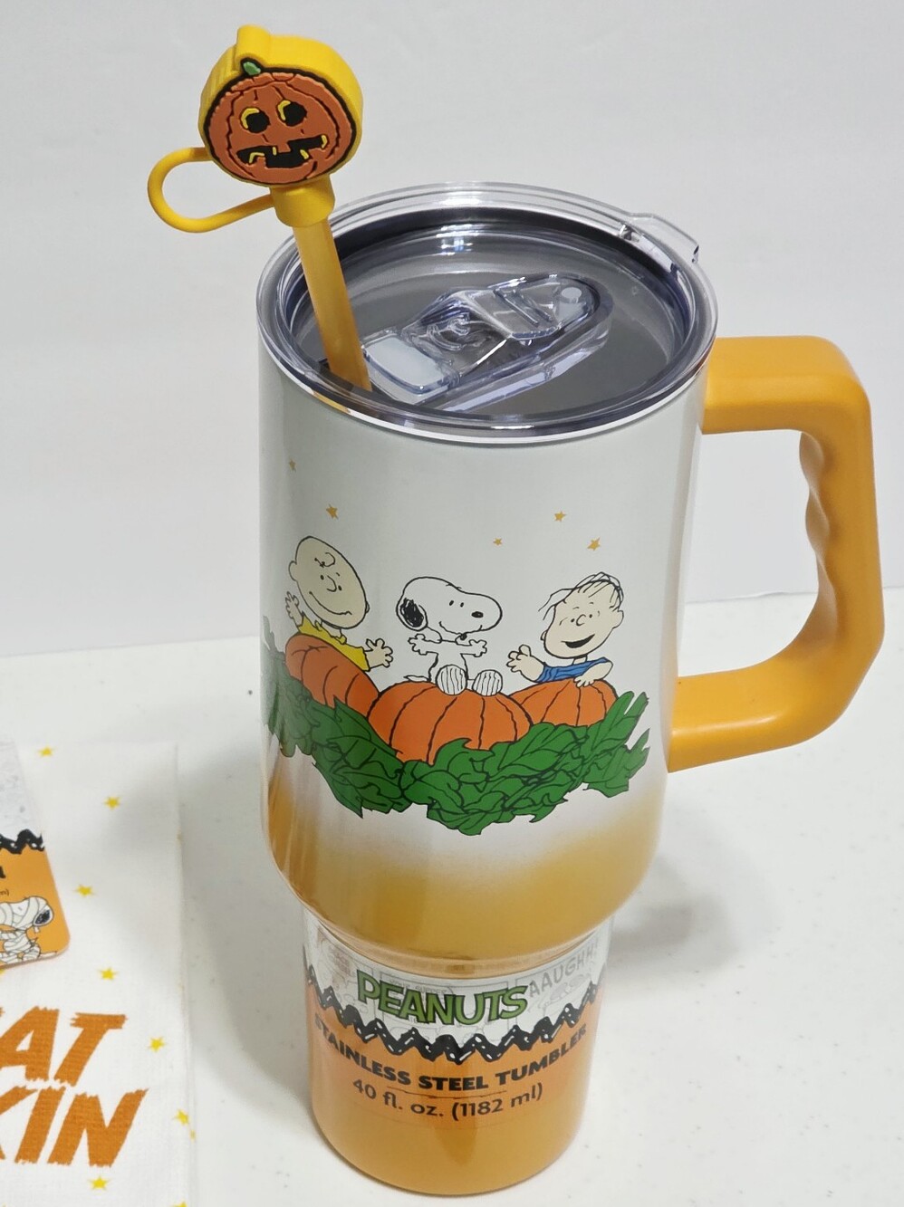 Peanuts Snoopy Great Pumpkin 40 oz Tumbler Cup Handle Straw Topper Towel Magnet - Picture 7 of 16